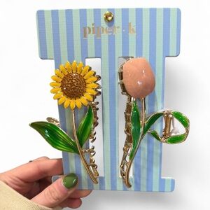 Piper K Floral Metal Hair Claw Clips Set of 2 Sunflower & Tulip NWT Gold